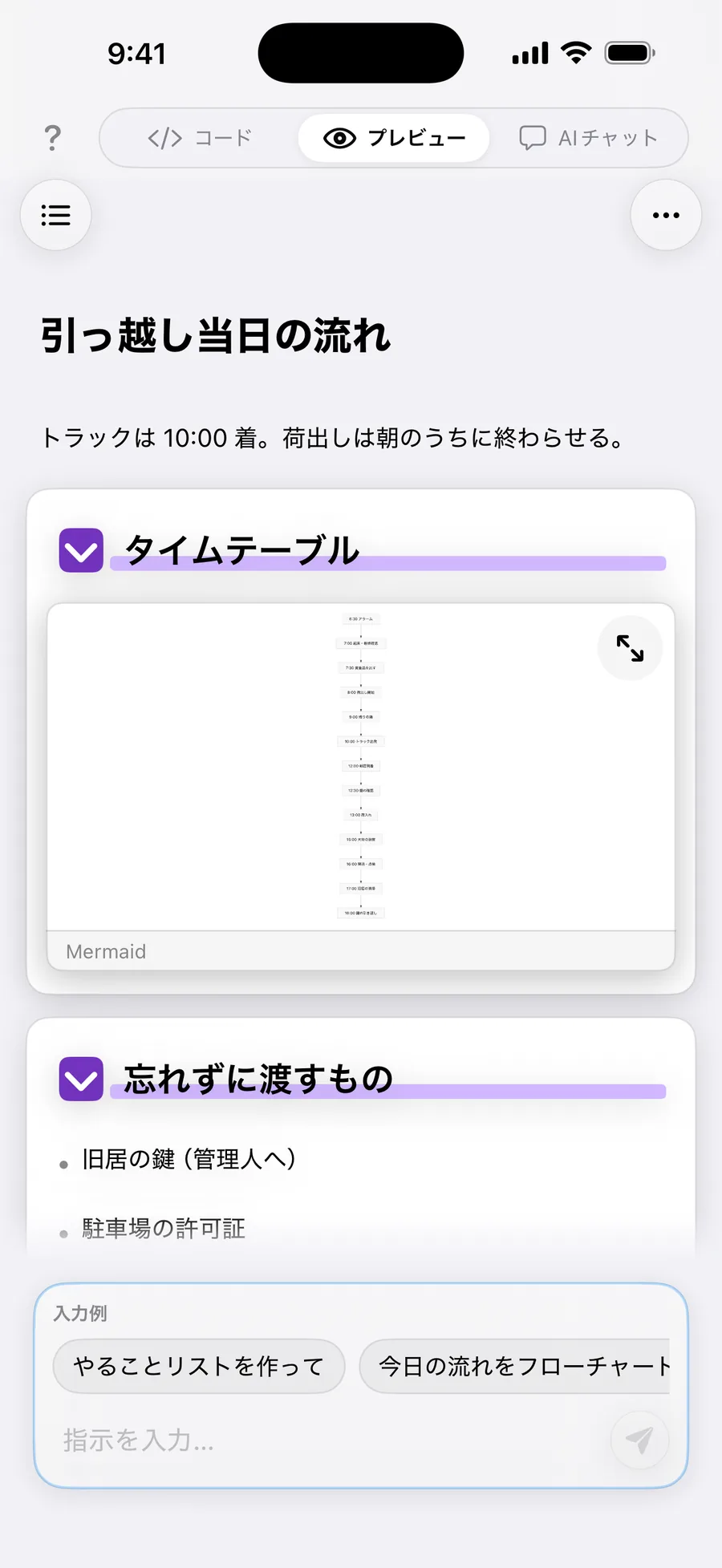 プレビュー。引っ越し当日の流れを Mermaid の図で表示